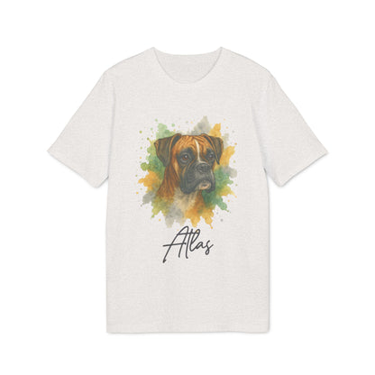 Alt Tag: Boxer Personalized Dog 100% Organic Cotton T-Shirt with watercolor Boxer portrait and custom name Atlas on white tee
