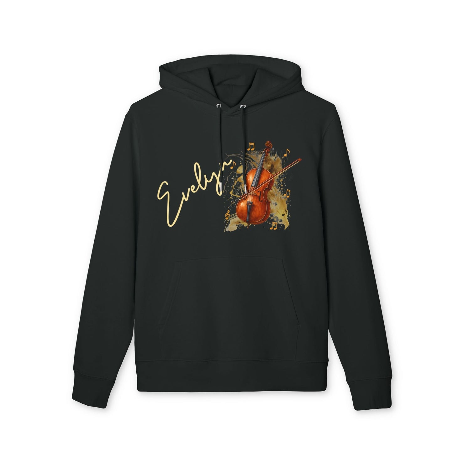 Alt Tag: Personalized Cello With Name 100% Organic Cotton Hoodie in black with cello graphic and name “Evelyn”