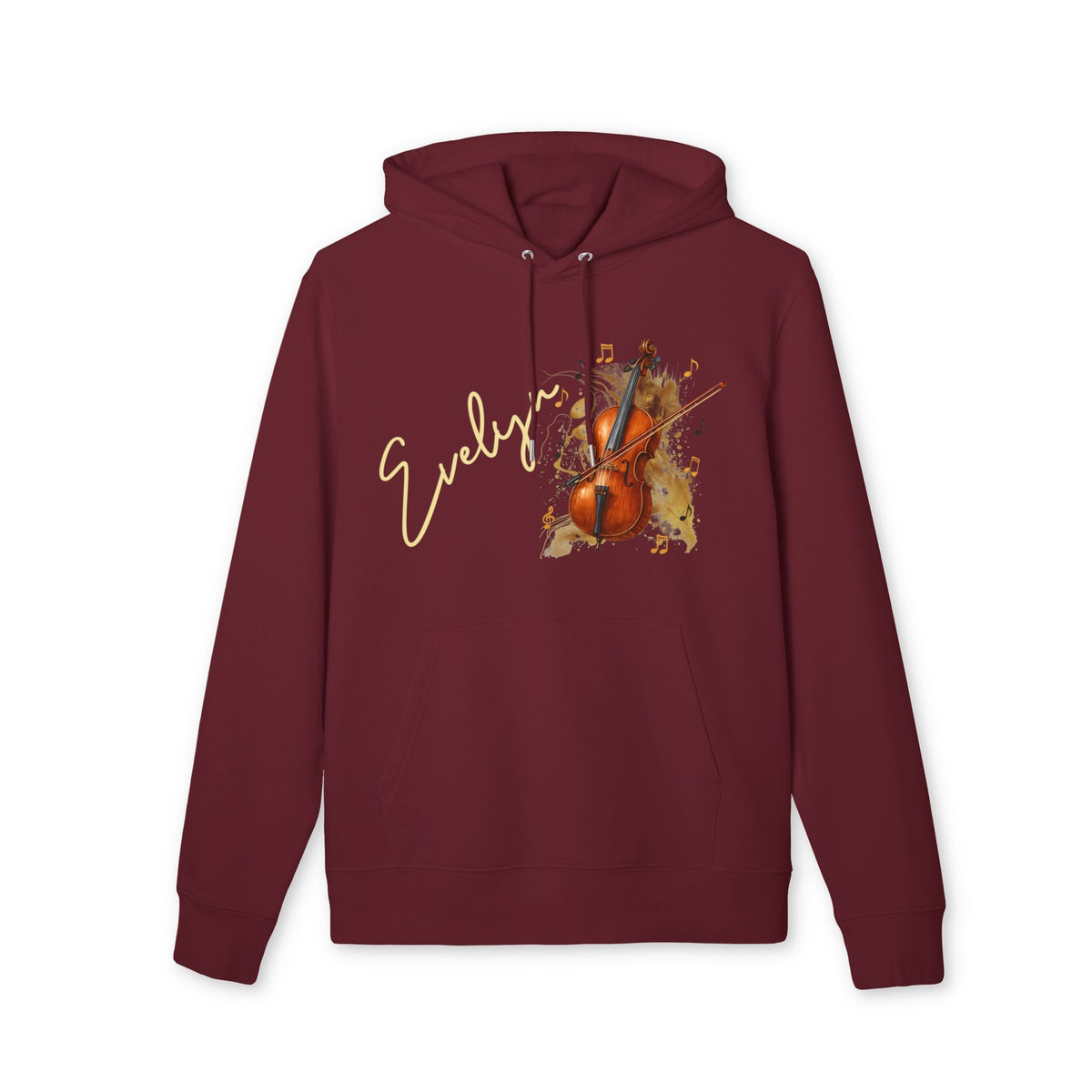 Alt Tag: Personalized Cello With Name 100% Organic Cotton Hoodie in burgundy with cello graphic and custom name 