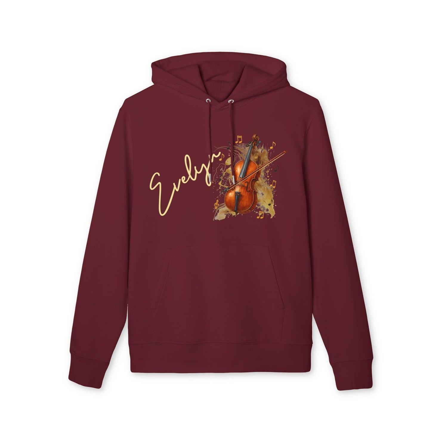 Alt Tag: Personalized Cello With Name 100% Organic Cotton Hoodie in burgundy with cello graphic and custom name "Evelyn"