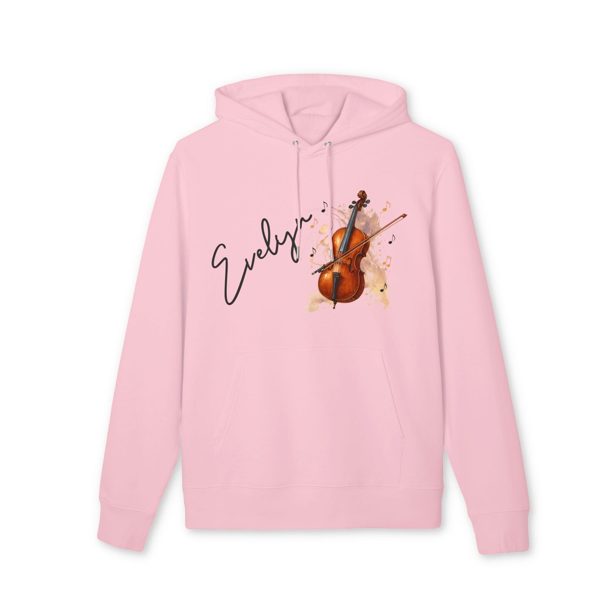 Personalized Cello With Name 100% Organic Cotton Hoodie in pink with cello illustration and custom name Evelyn on front