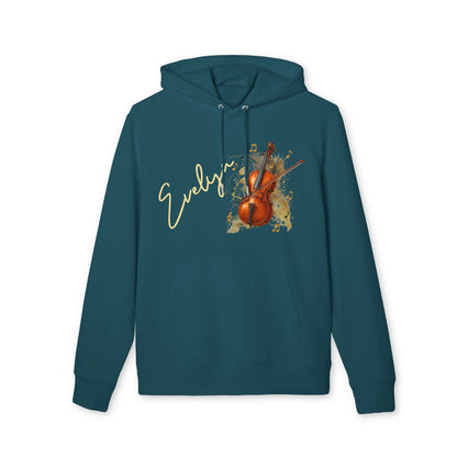 Personalized Cello With Name 100% Organic Cotton Hoodie teal pullover with cello graphic and custom name Evelyn