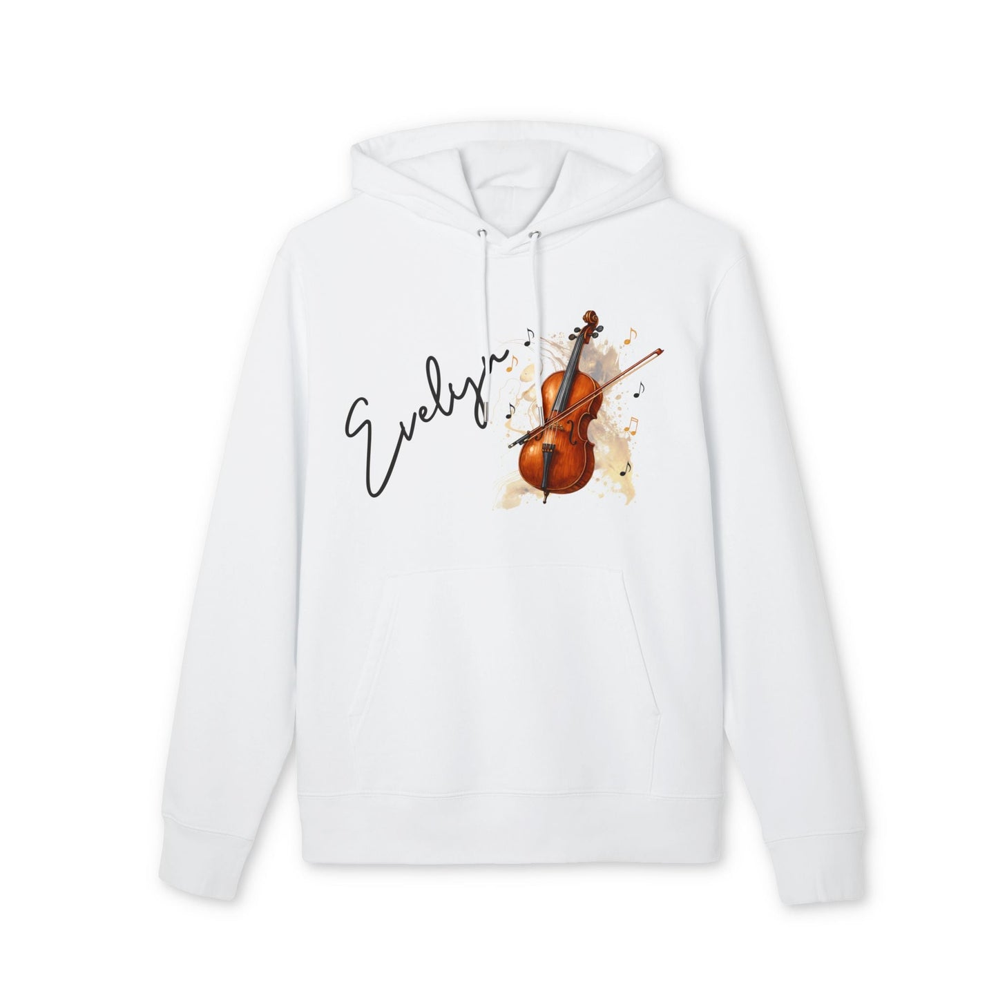 Personalized Cello With Name 100% Organic Cotton Hoodie, white pullover with cello illustration and custom name print