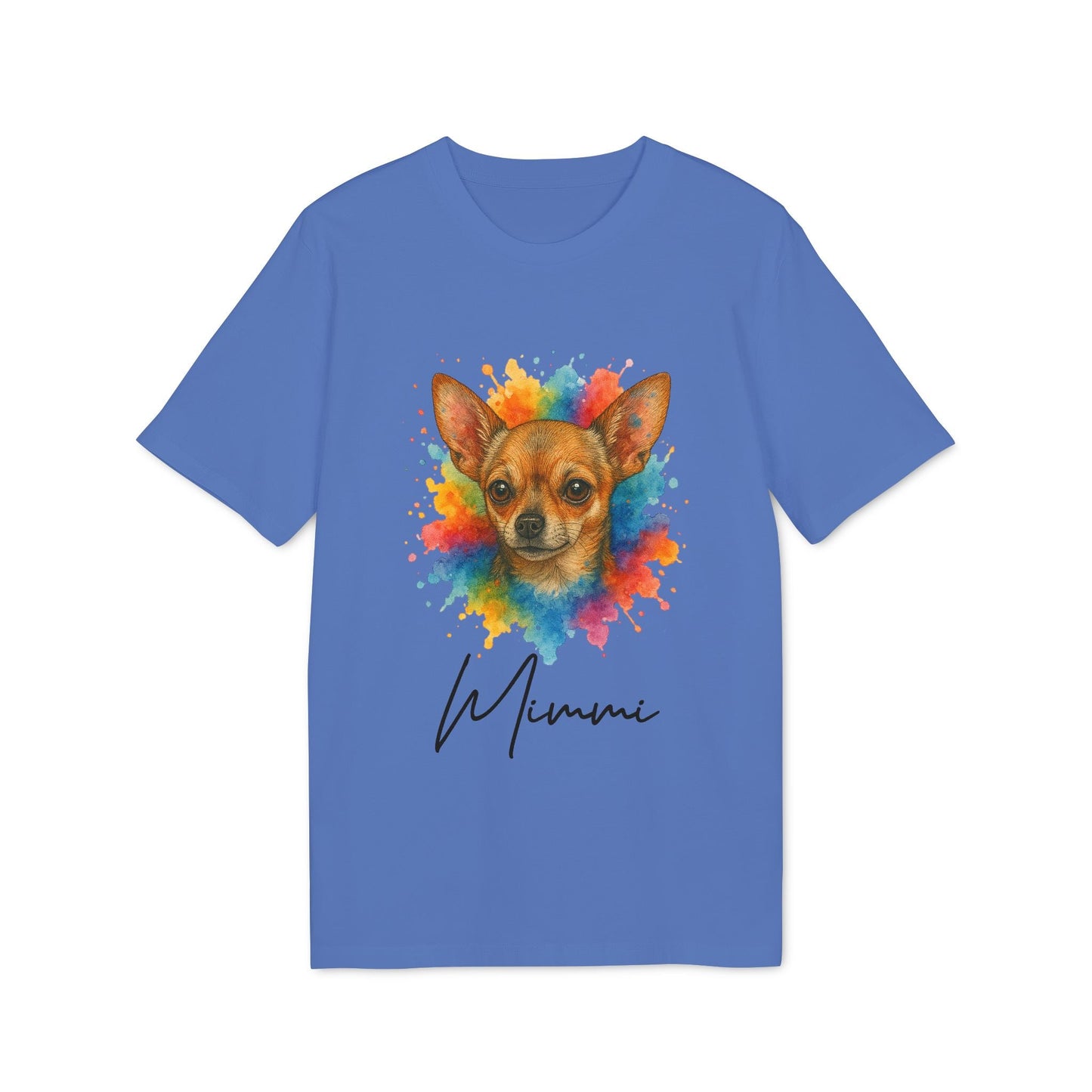 Alt Tag: Chihuahua Lover Personalized Dog Sustainable Unisex Tee blue t-shirt with colorful Chihuahua portrait and "Mimmi" name print