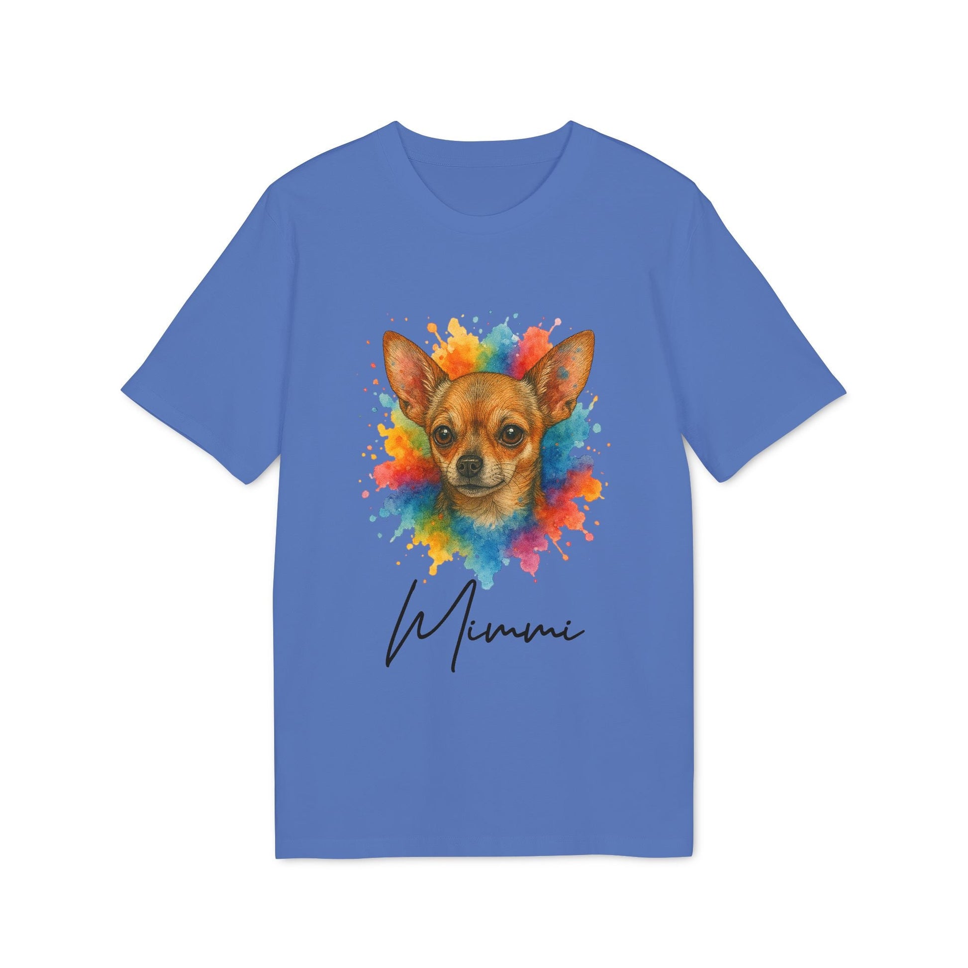 Alt Tag: Chihuahua Lover Personalized Dog Sustainable Unisex Tee blue t-shirt with colorful Chihuahua portrait and "Mimmi" name print