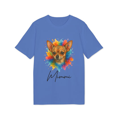 Alt Tag: Chihuahua Lover Personalized Dog Sustainable Unisex Tee blue t-shirt with colorful Chihuahua portrait and "Mimmi" name print