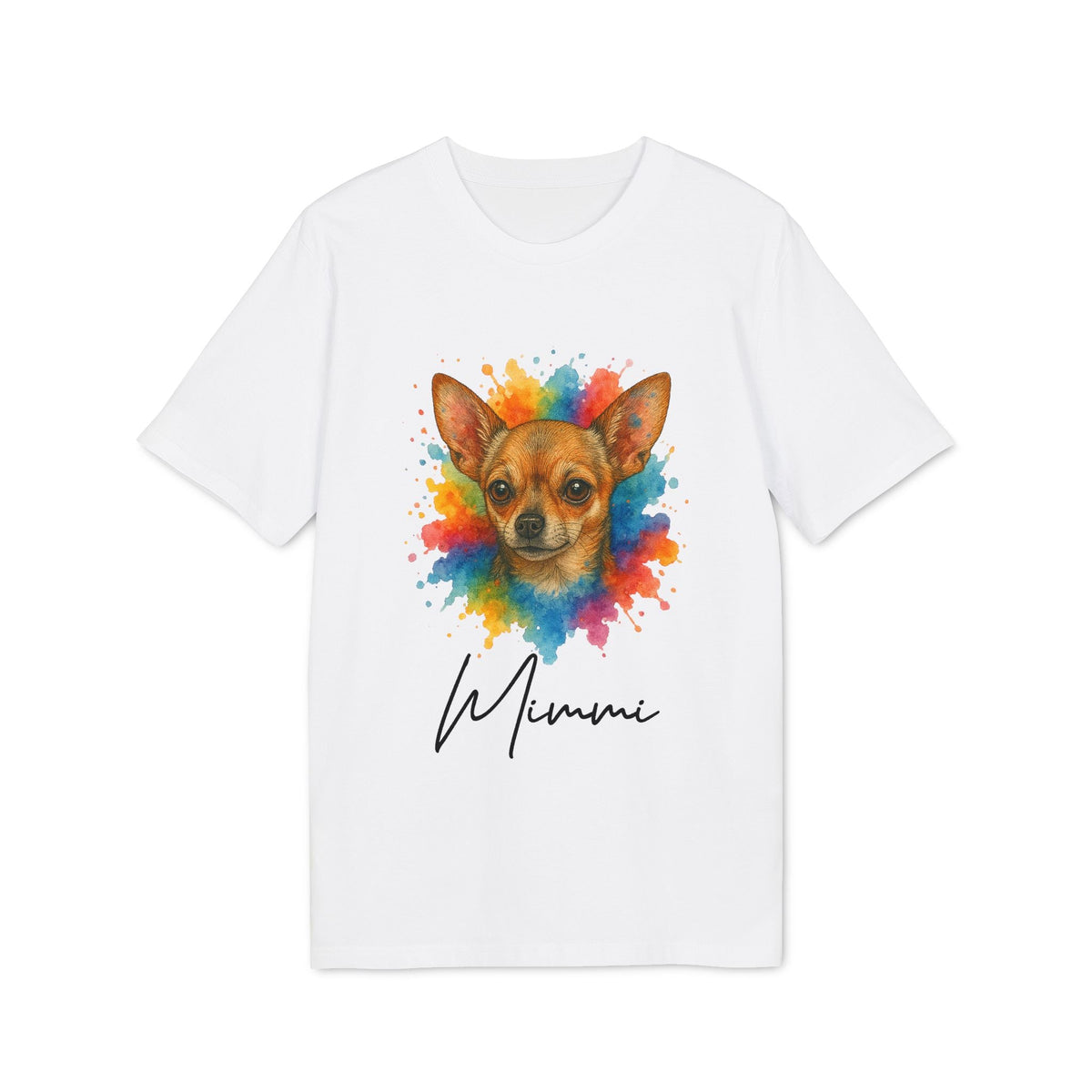 Alt Tag: Chihuahua Lover Personalized Dog Sustainable Unisex Tee blanca con retrato de chihuahua acuarela colorida y nombre personalizado 