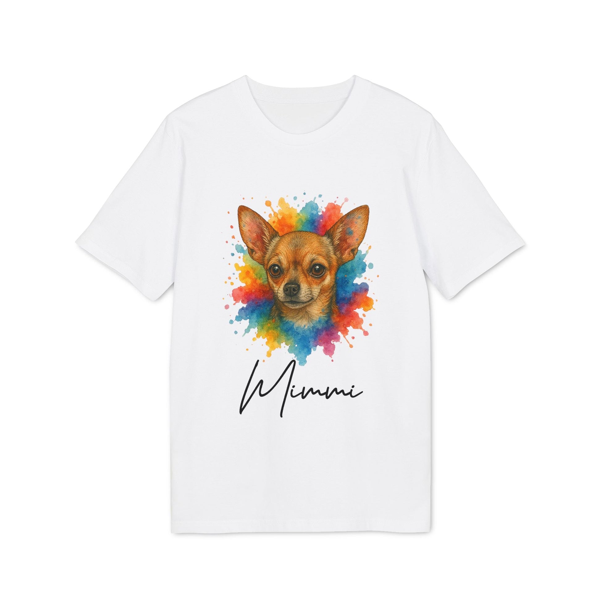 Alt Tag: Chihuahua Lover Personalized Dog Sustainable Unisex Tee blanca con retrato de chihuahua acuarela colorida y nombre personalizado "Mimmi"