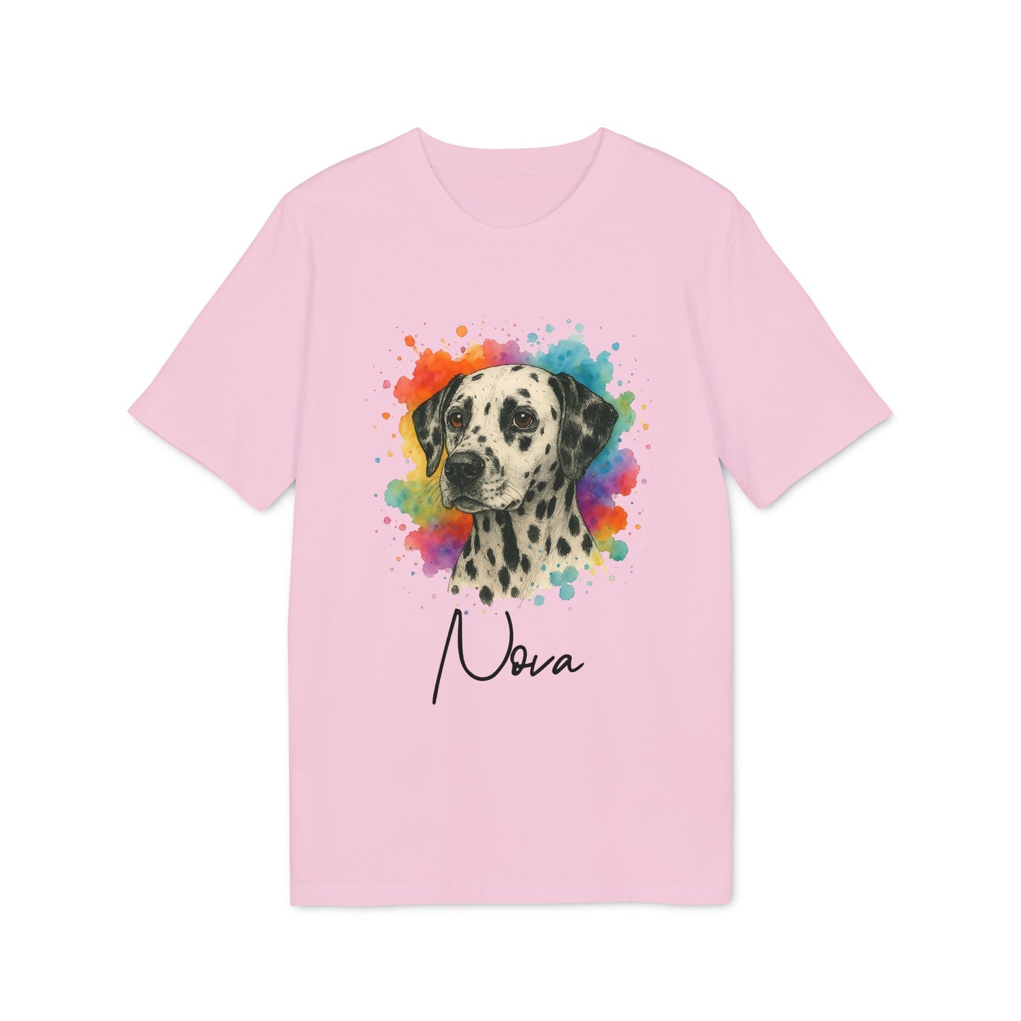 Alt Tag: Dalmatian Personalized Dog Sustainable Unisex Tee pink t-shirt with watercolor Dalmatian portrait and custom name “Nova”