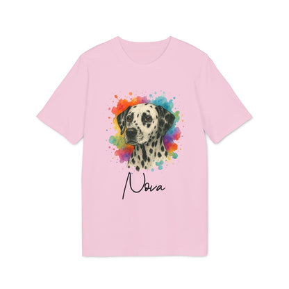 Alt Tag: Dalmatian Personalized Dog Sustainable Unisex Tee pink t-shirt with watercolor Dalmatian portrait and custom name “Nova”