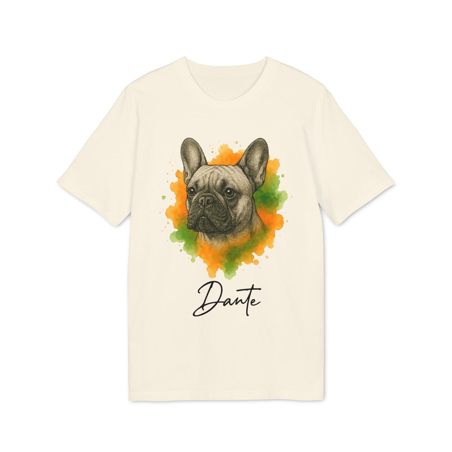 French Bulldog Personalized Premium Unisex T-Shirt with French bulldog watercolor portrait and custom name “Dante” on cream tee