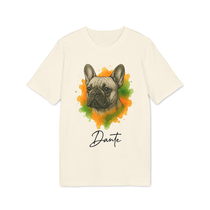 French Bulldog Personalized Premium Unisex T-Shirt with French bulldog watercolor portrait and custom name “Dante” on cream tee