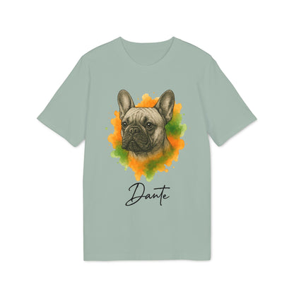 French Bulldog Personalized Premium Unisex T-Shirt with French bulldog portrait and custom name “Dante” graphic on soft green tee