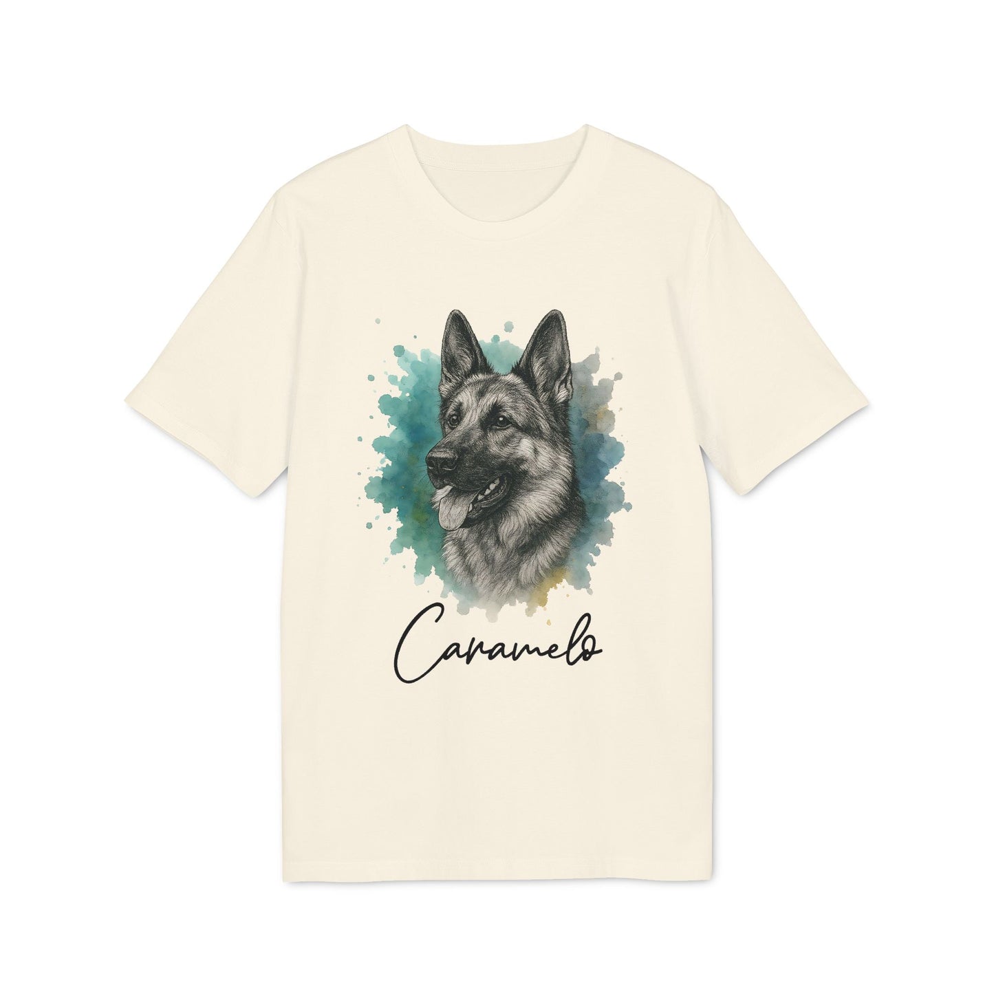 Alt Tag: German Sheppard Personalized 100% Organic Cotton T-Shirt with German Shepherd portrait and “Caramelo” name on cream tee