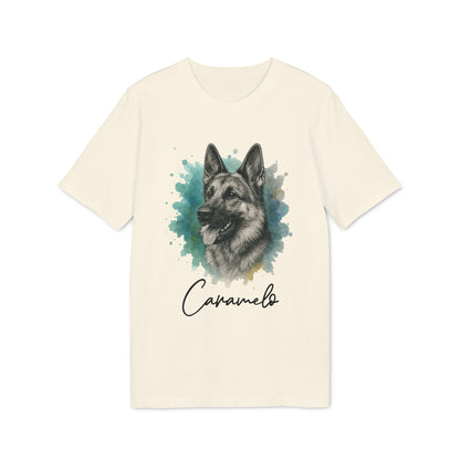 Alt Tag: German Sheppard Personalized 100% Organic Cotton T-Shirt with German Shepherd portrait and “Caramelo” name on cream tee