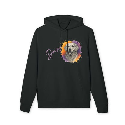 Alt Tag: Personalized Golden Retriever Sustainable Unisex Hoodie negro con retrato de golden retriever y nombre personalizado "Daisy"