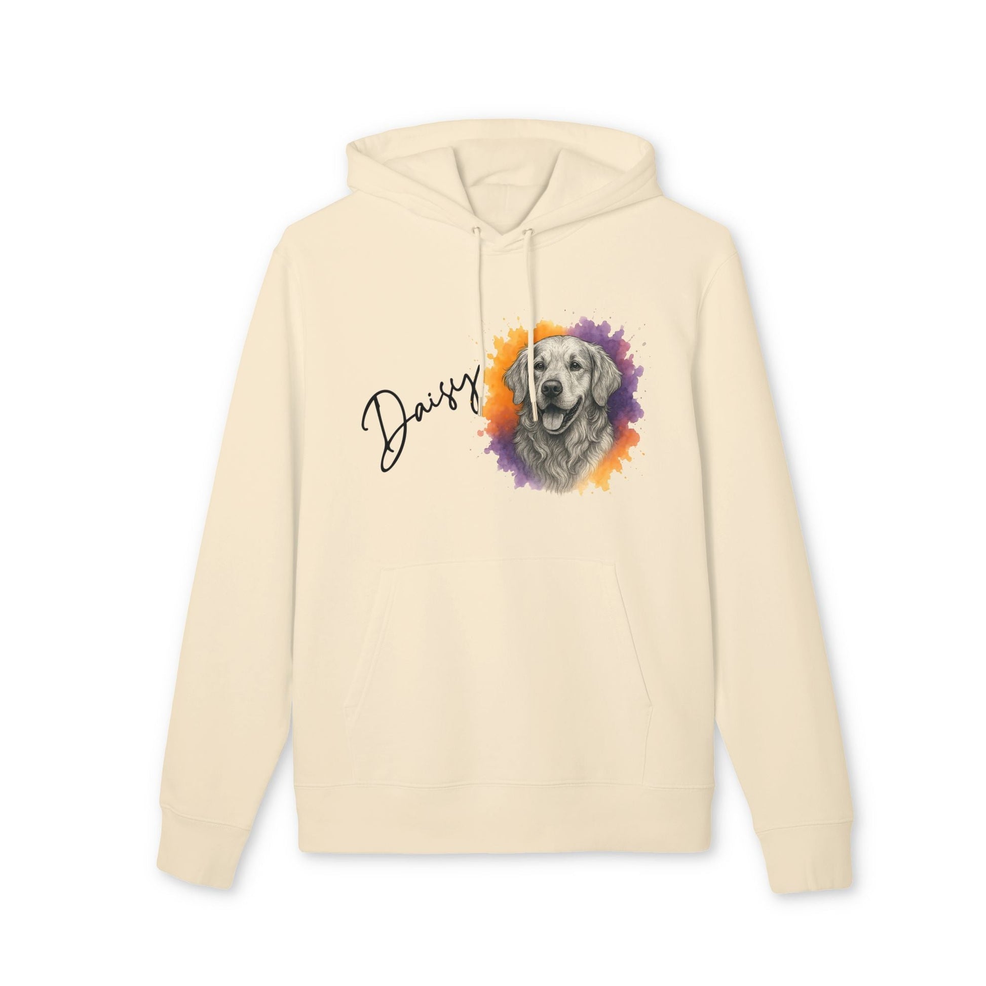 Alt Tag: Personalized Golden Retriever Sustainable Unisex Hoodie color crema con retrato de golden retriever y nombre “Daisy” estampado