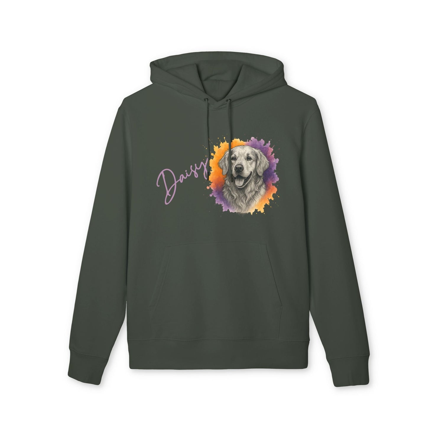 Alt Tag: Personalized Golden Retriever Sustainable Unisex Hoodie verde con capucha, ilustración de golden retriever y nombre "Daisy"