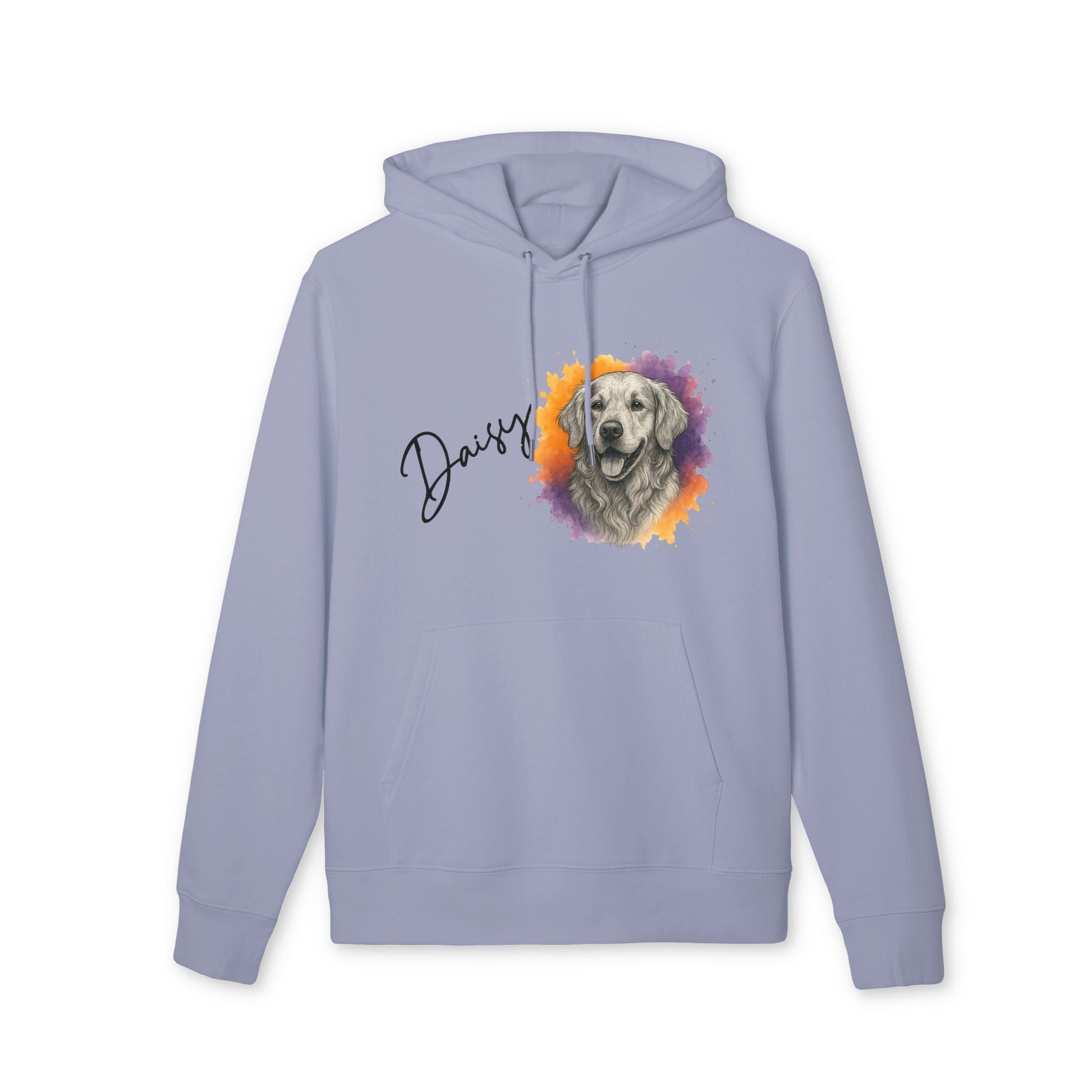 Personalized Golden Retriever Sustainable Unisex Hoodie in light blue with custom name and golden retriever portrait graphic