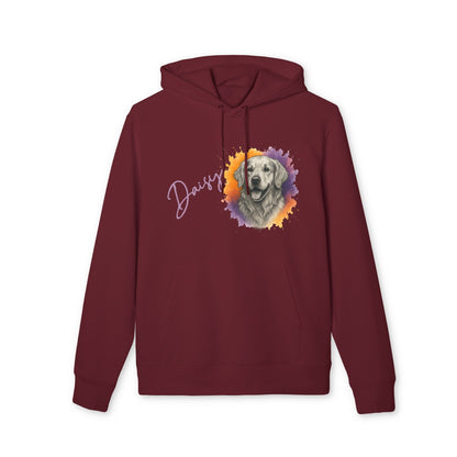 Alt Tag: Personalized Golden Retriever Sustainable Unisex Hoodie in burgundy with custom name and golden retriever watercolor portrait graphic