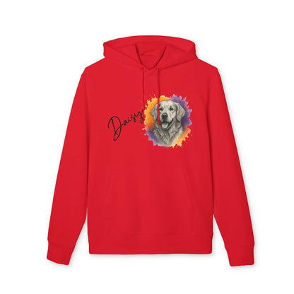Alt Tag: Personalized Golden Retriever Sustainable Unisex Hoodie in red with custom Golden Retriever portrait and name "Daisy" graphic