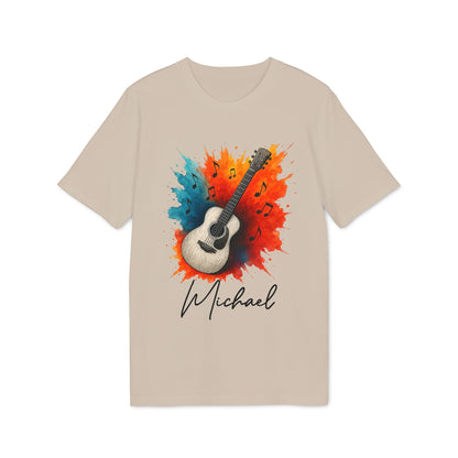 Alt Tag: Guitarr Men Personalized Premium Unisex T-Shirt beige, guitar splash art with music notes and personalized name Michael