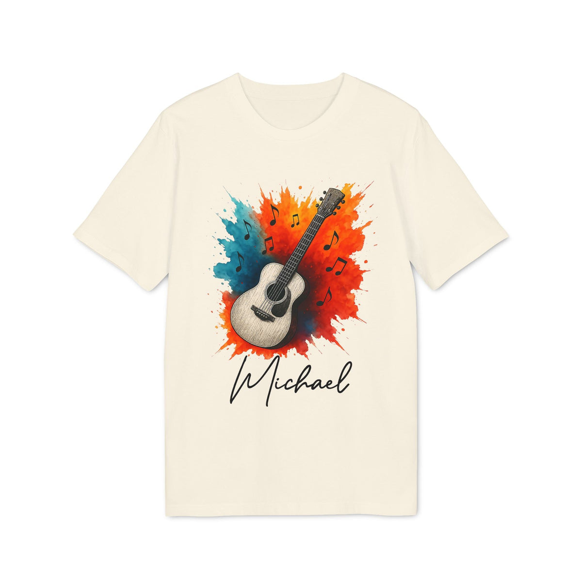 Alt Tag: Guitarr Men Personalized Premium Unisex T-Shirt con guitarra acústica, notas musicales y nombre Michael en camiseta color crema