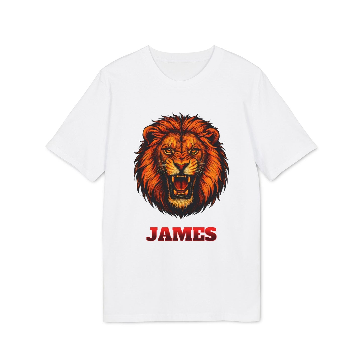 Alt Tag: Personalized Lion Attack Marcial Arts Design Sustainable Unisex Tee, white t-shirt with roaring lion graphic and personalized name JAMES