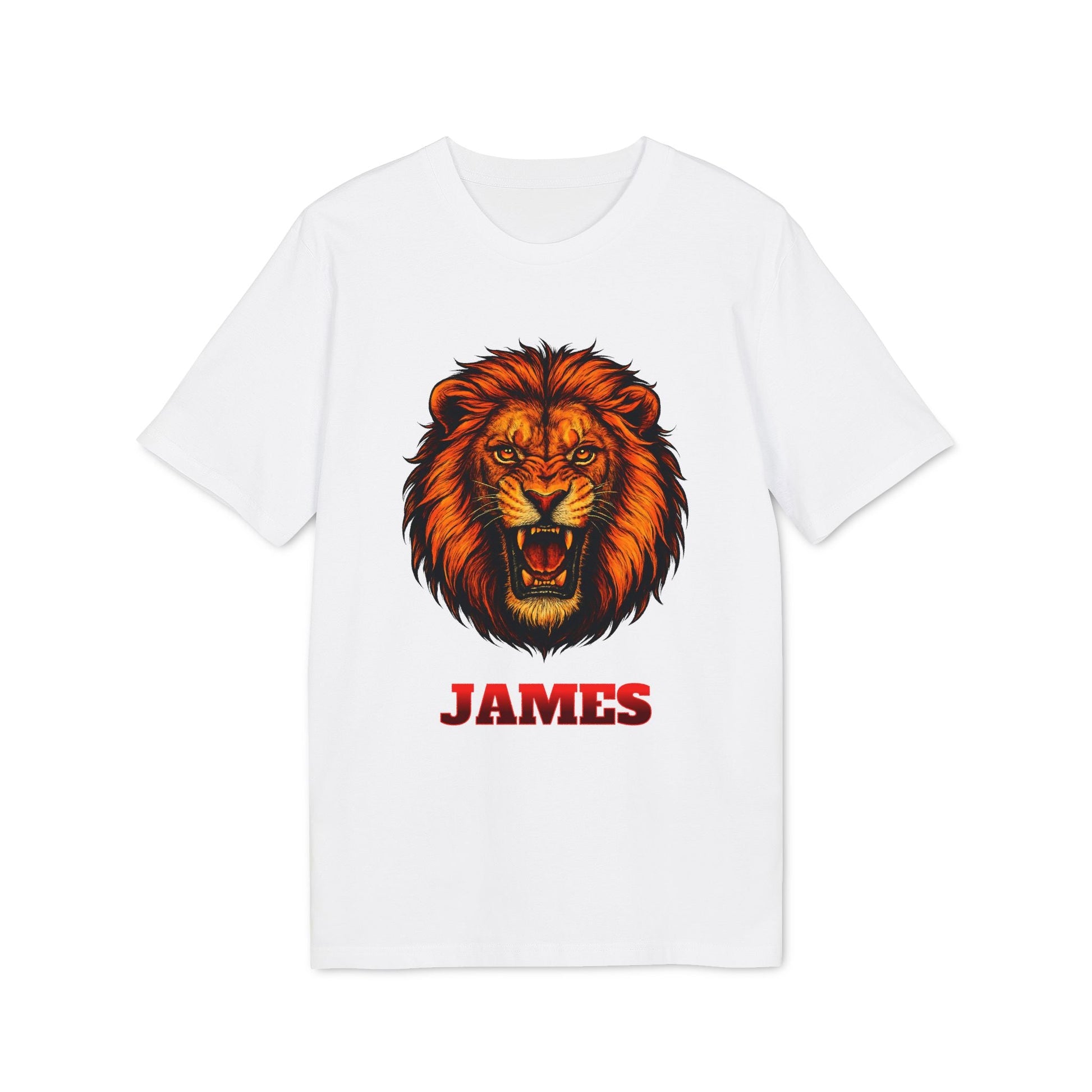 Alt Tag: Personalized Lion Attack Marcial Arts Design Sustainable Unisex Tee, white t-shirt with roaring lion graphic and personalized name JAMES