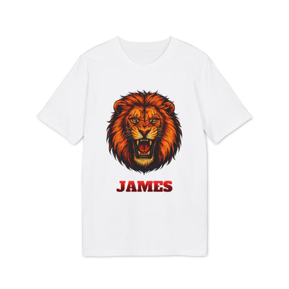 Alt Tag: Personalized Lion Attack Marcial Arts Design Sustainable Unisex Tee, white t-shirt with roaring lion graphic and personalized name JAMES