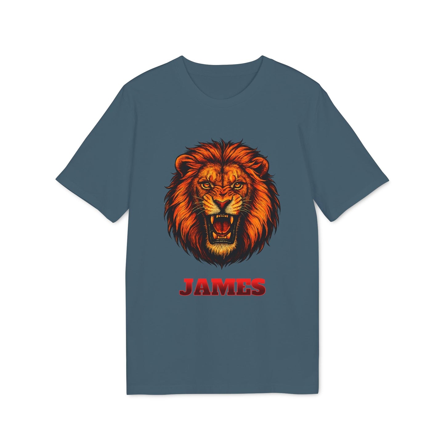 Alt Tag: Personalized Lion Attack Marcial Arts Design Sustainable Unisex Tee con gráfico de león rugiendo y nombre personalizado “JAMES”