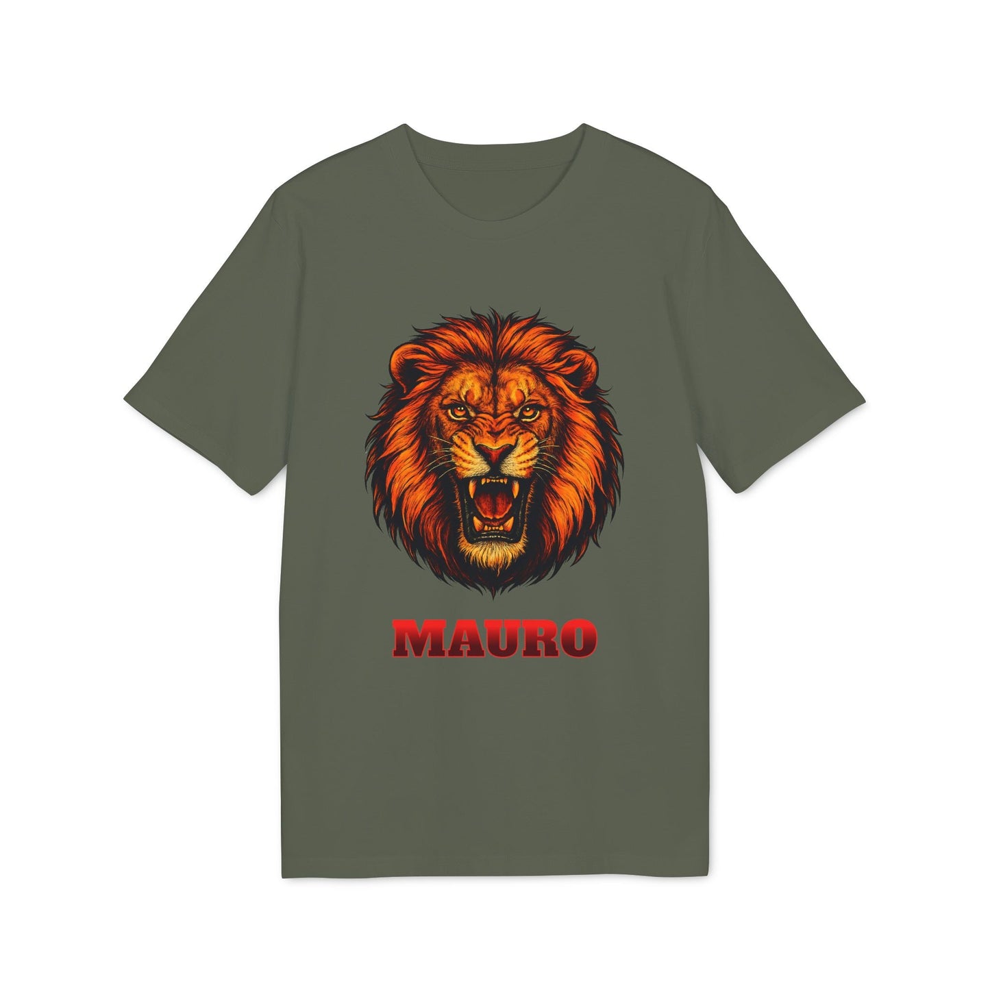 Personalized Lion Attack Marcial Arts Design Sustainable Unisex Tee olive green t-shirt with roaring lion graphic and Mauro name