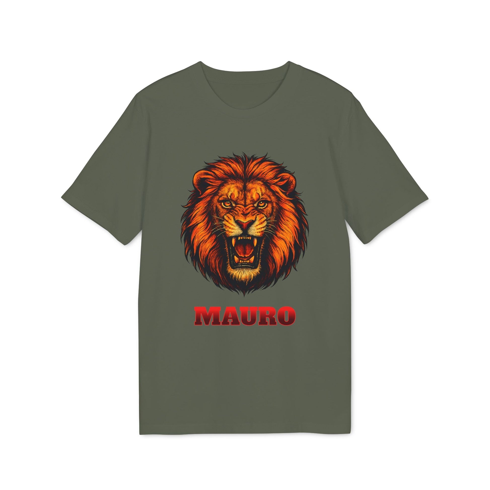 Personalized Lion Attack Marcial Arts Design Sustainable Unisex Tee olive green t-shirt with roaring lion graphic and Mauro name