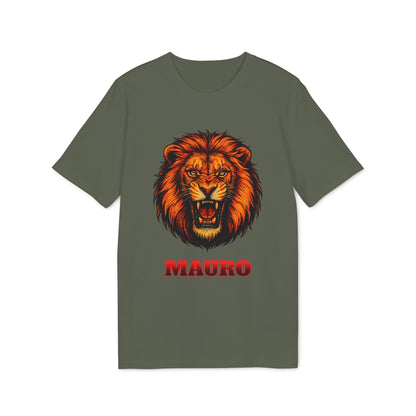 Personalized Lion Attack Marcial Arts Design Sustainable Unisex Tee olive green t-shirt with roaring lion graphic and Mauro name
