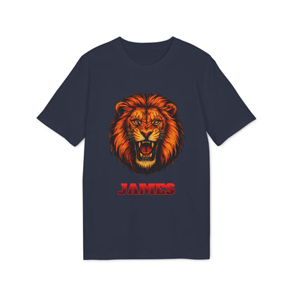 Personalized Lion Attack Marcial Arts Design Sustainable Unisex Tee navy t-shirt with roaring lion graphic and JAMES name print