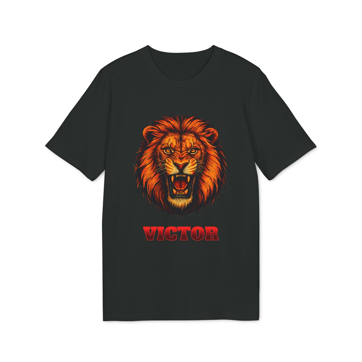 Personalized Lion Attack Marcial Arts Design Sustainable Unisex Tee black t-shirt with roaring lion graphic and custom name VICTOR