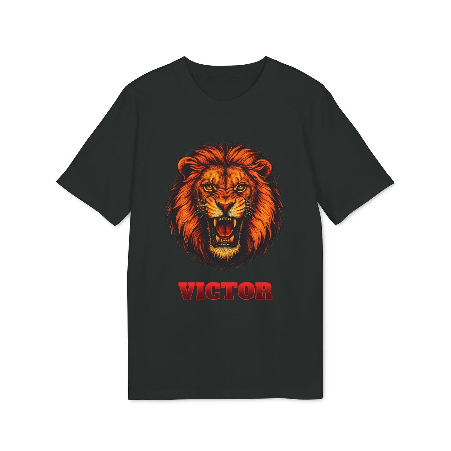 Personalized Lion Attack Marcial Arts Design Sustainable Unisex Tee black t-shirt with roaring lion graphic and custom name VICTOR