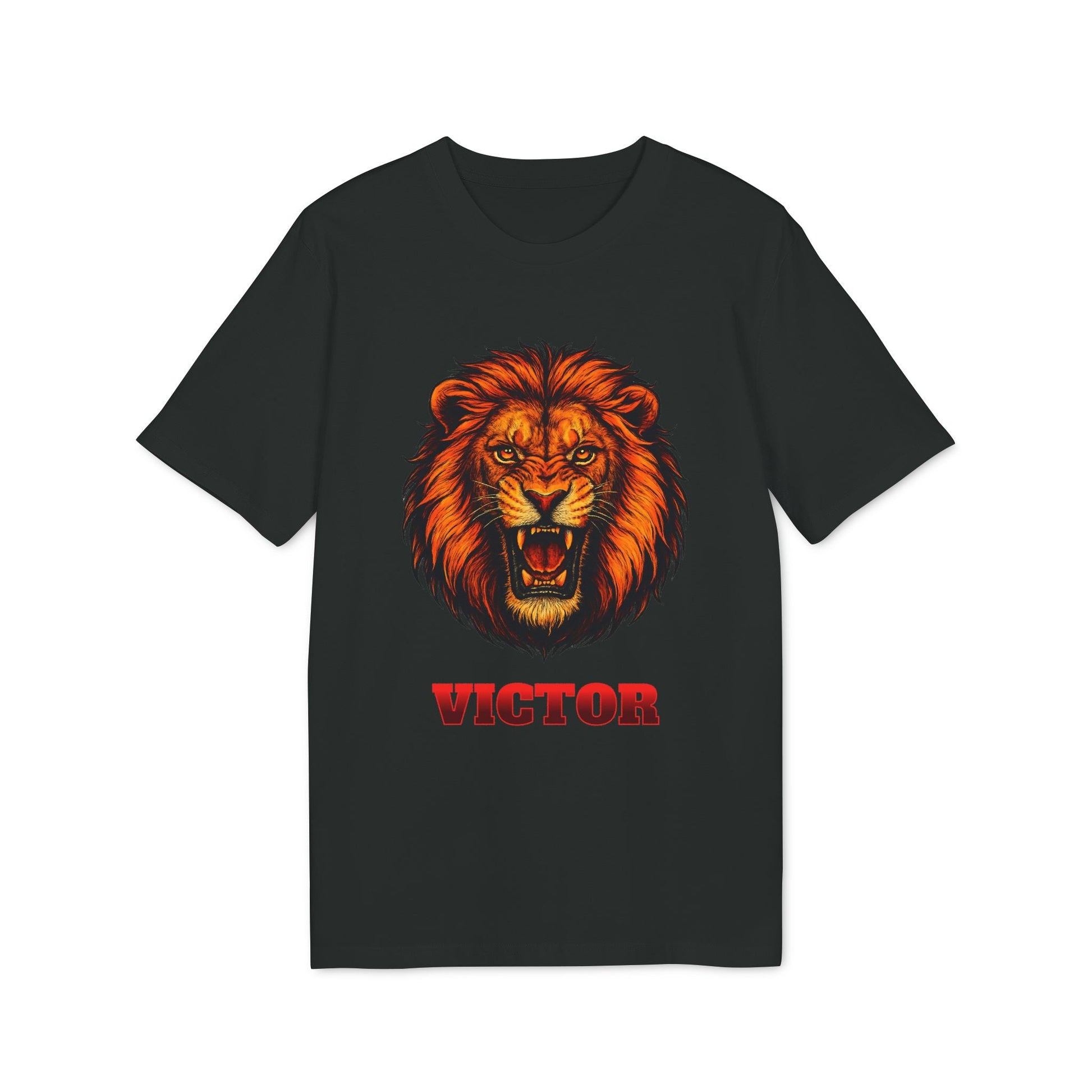 Personalized Lion Attack Marcial Arts Design Sustainable Unisex Tee black t-shirt with roaring lion graphic and custom name VICTOR