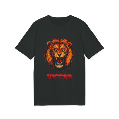 Personalized Lion Attack Marcial Arts Design Sustainable Unisex Tee black t-shirt with roaring lion graphic and custom name VICTOR