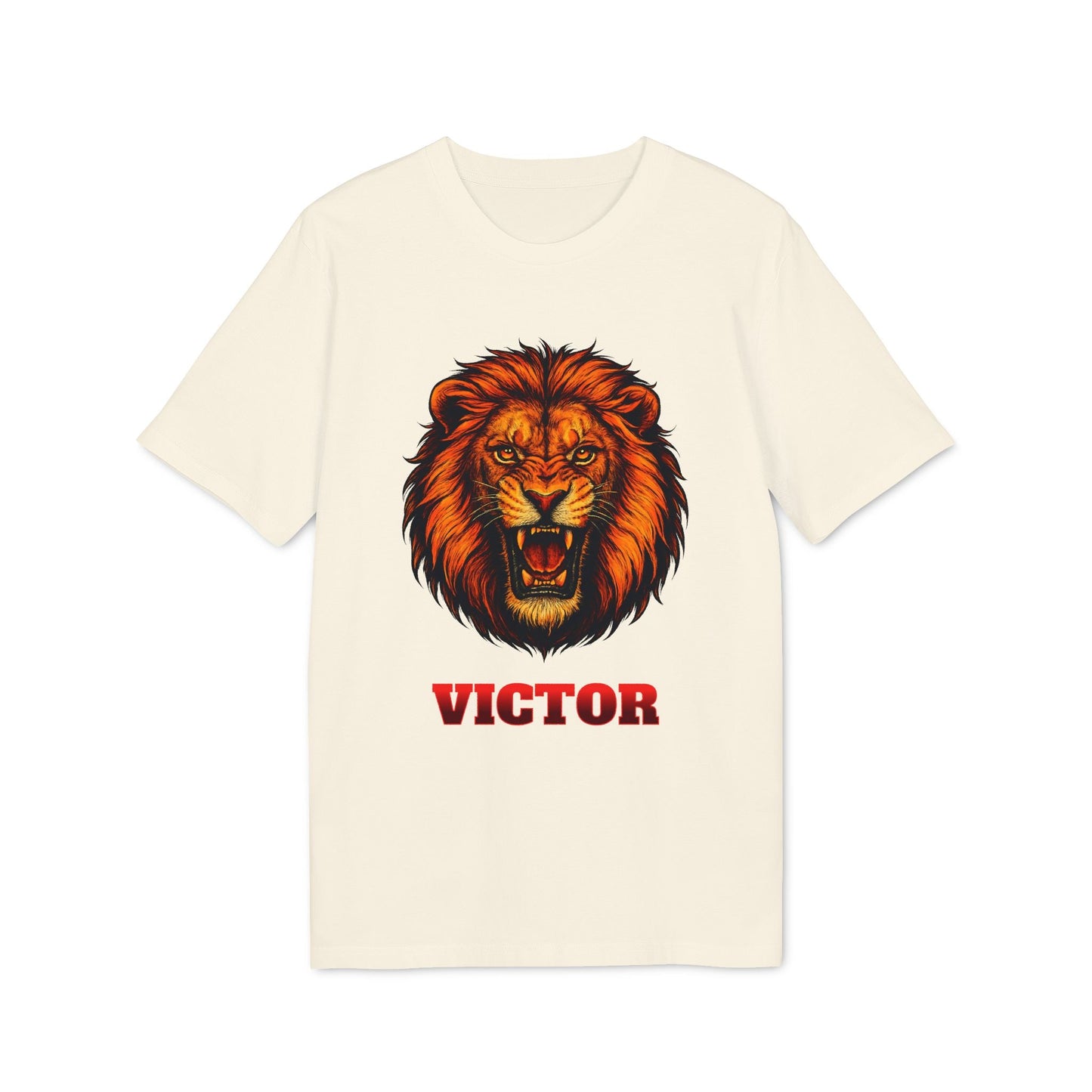 Personalized Lion Attack Marcial Arts Design Sustainable Unisex Tee con león rugiendo y nombre VICTOR en camiseta color crema