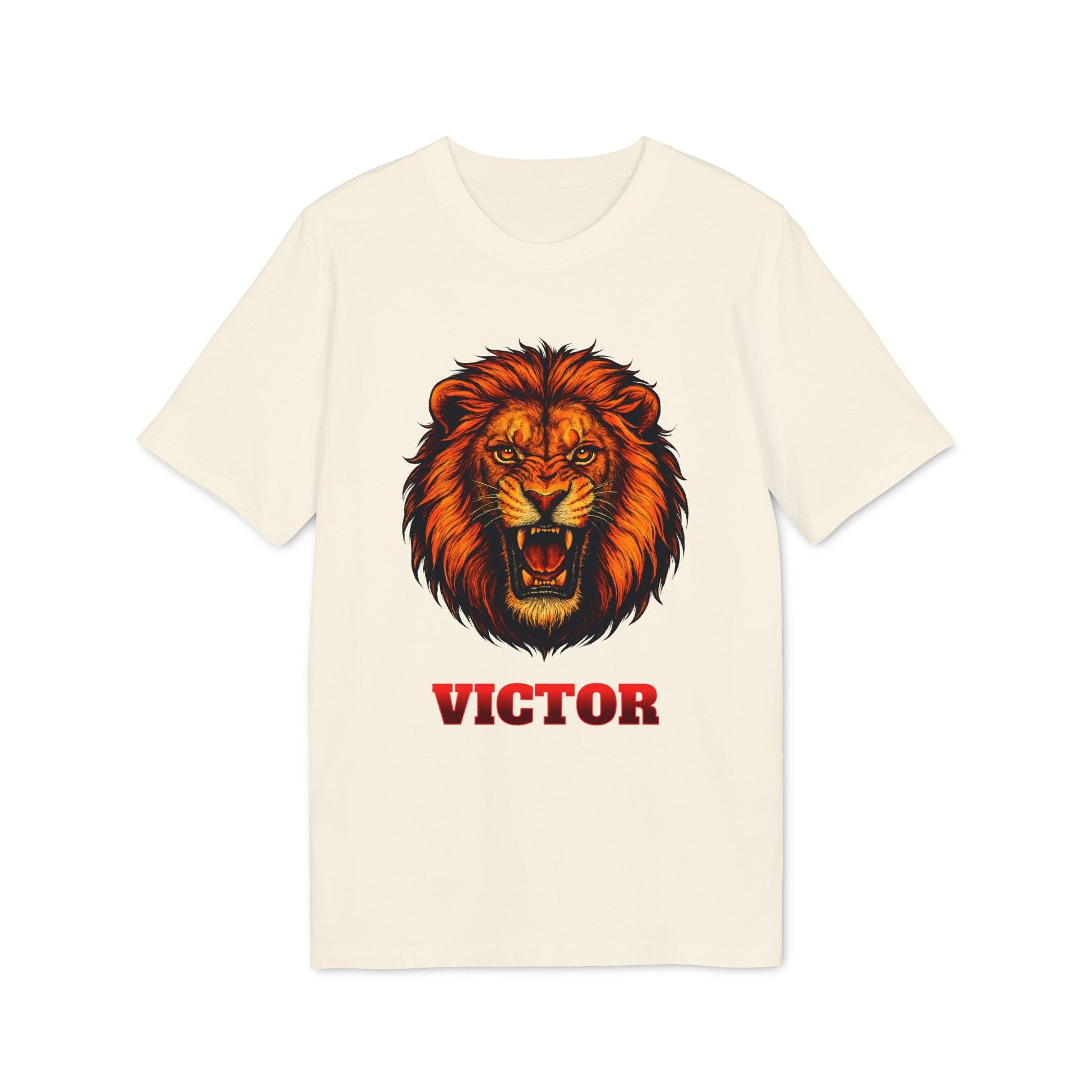 Personalized Lion Attack Marcial Arts Design Sustainable Unisex Tee con león rugiendo y nombre VICTOR en camiseta color crema