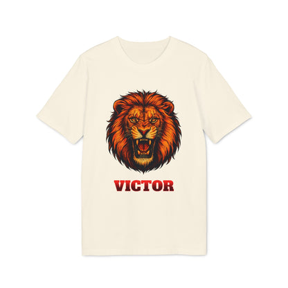 Personalized Lion Attack Marcial Arts Design Sustainable Unisex Tee con león rugiendo y nombre VICTOR en camiseta color crema
