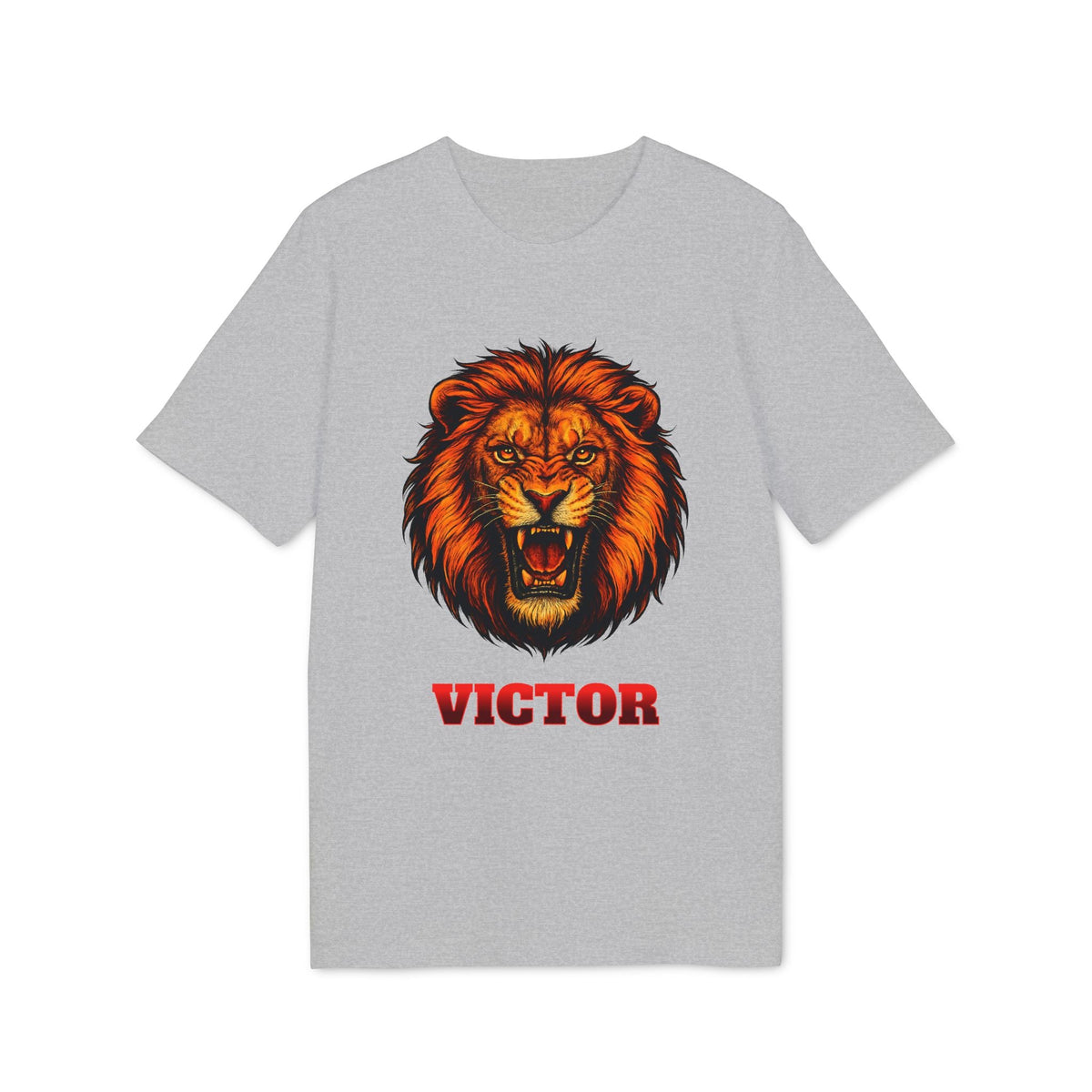 Alt Tag: Personalized Lion Attack Marcial Arts Design Sustainable Unisex Tee, gray t-shirt with roaring lion graphic and personalized name Victor