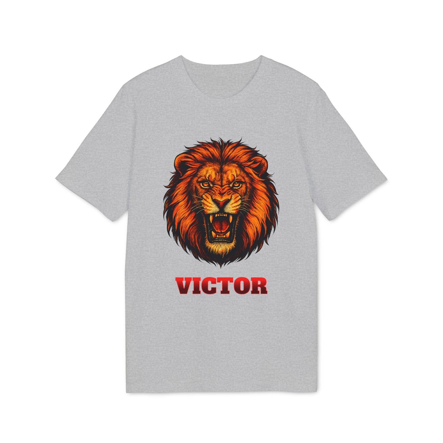 Alt Tag: Personalized Lion Attack Marcial Arts Design Sustainable Unisex Tee, gray t-shirt with roaring lion graphic and personalized name Victor