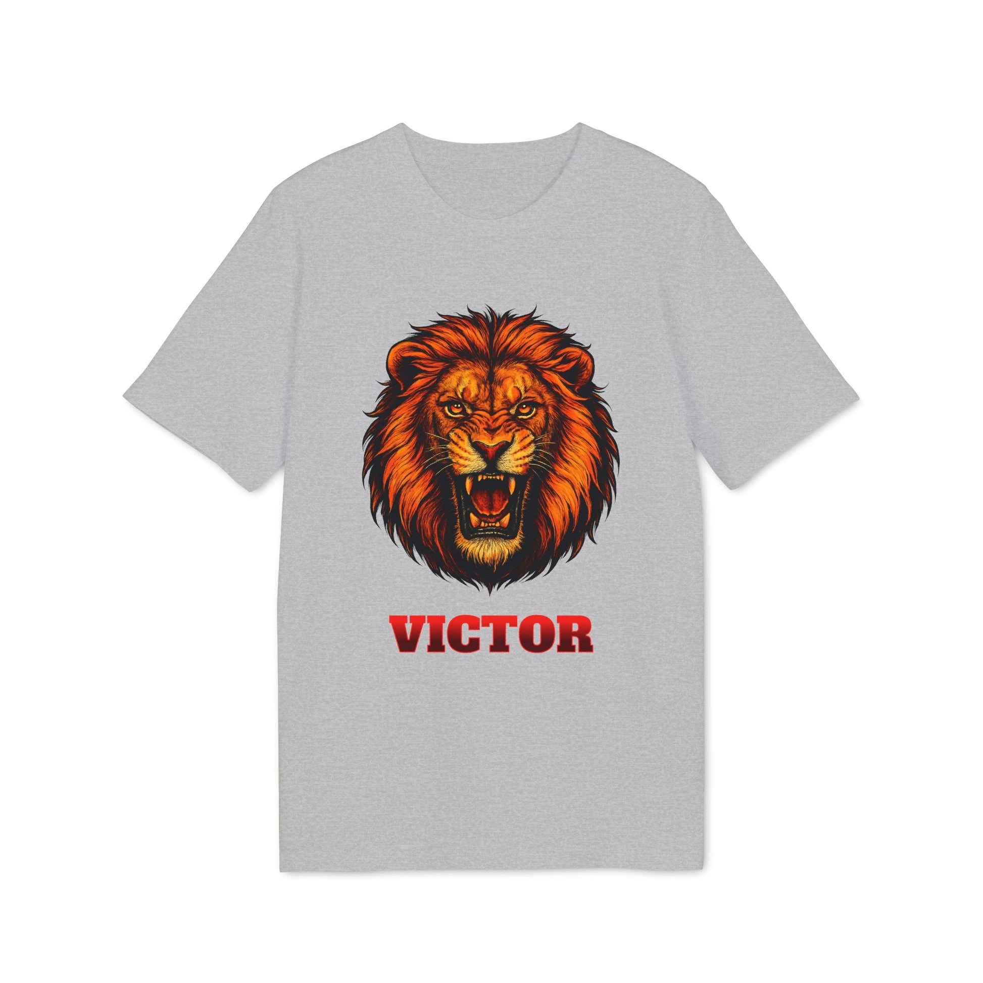 Alt Tag: Personalized Lion Attack Marcial Arts Design Sustainable Unisex Tee, gray t-shirt with roaring lion graphic and personalized name Victor