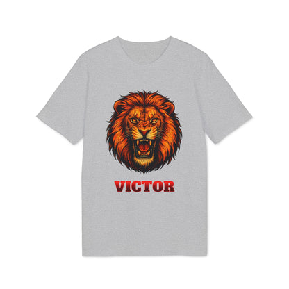 Alt Tag: Personalized Lion Attack Marcial Arts Design Sustainable Unisex Tee, gray t-shirt with roaring lion graphic and personalized name Victor