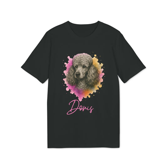 Poodle Dog Personalized Sustainable Unisex Tee camiseta negra con ilustración de caniche y nombre personalizado "Doris"