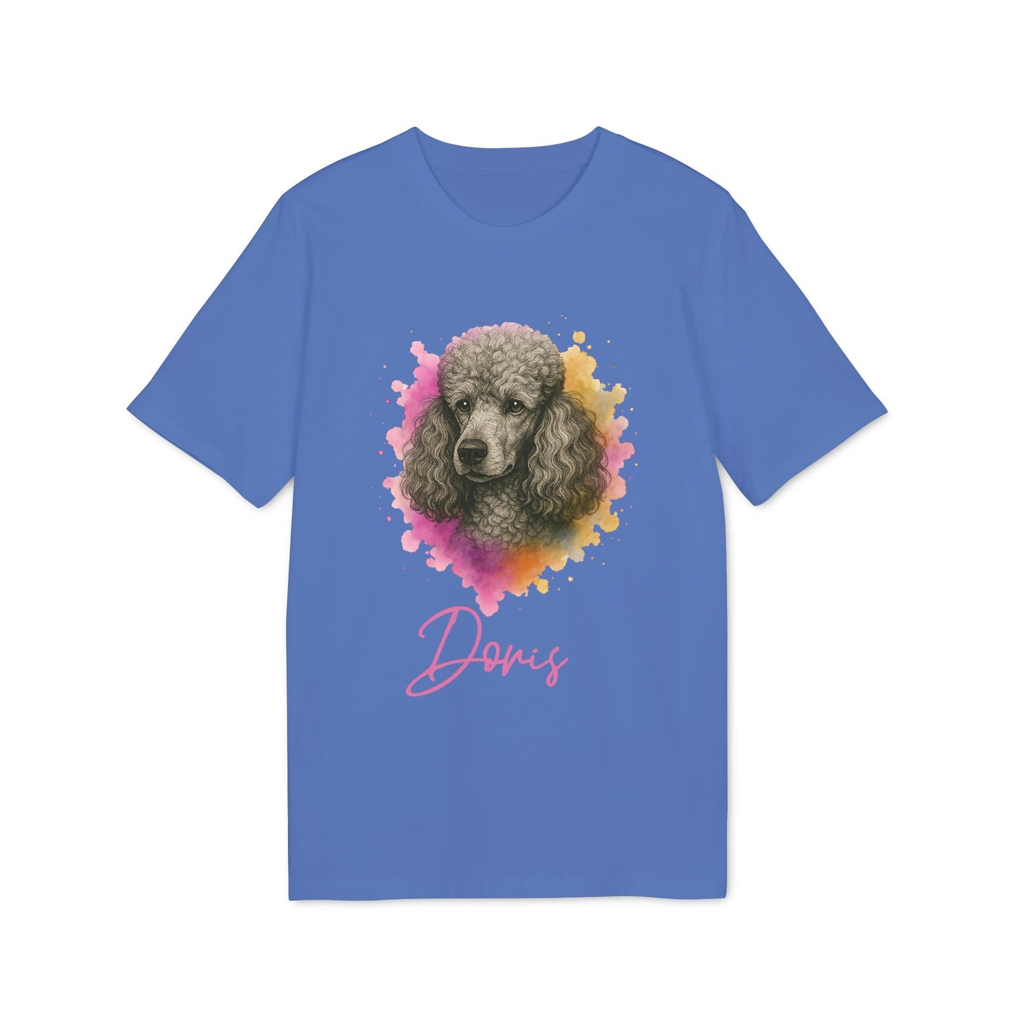 Poodle Dog Personalized Sustainable Unisex Tee azul con retrato de caniche y nombre Doris en tipografía rosa