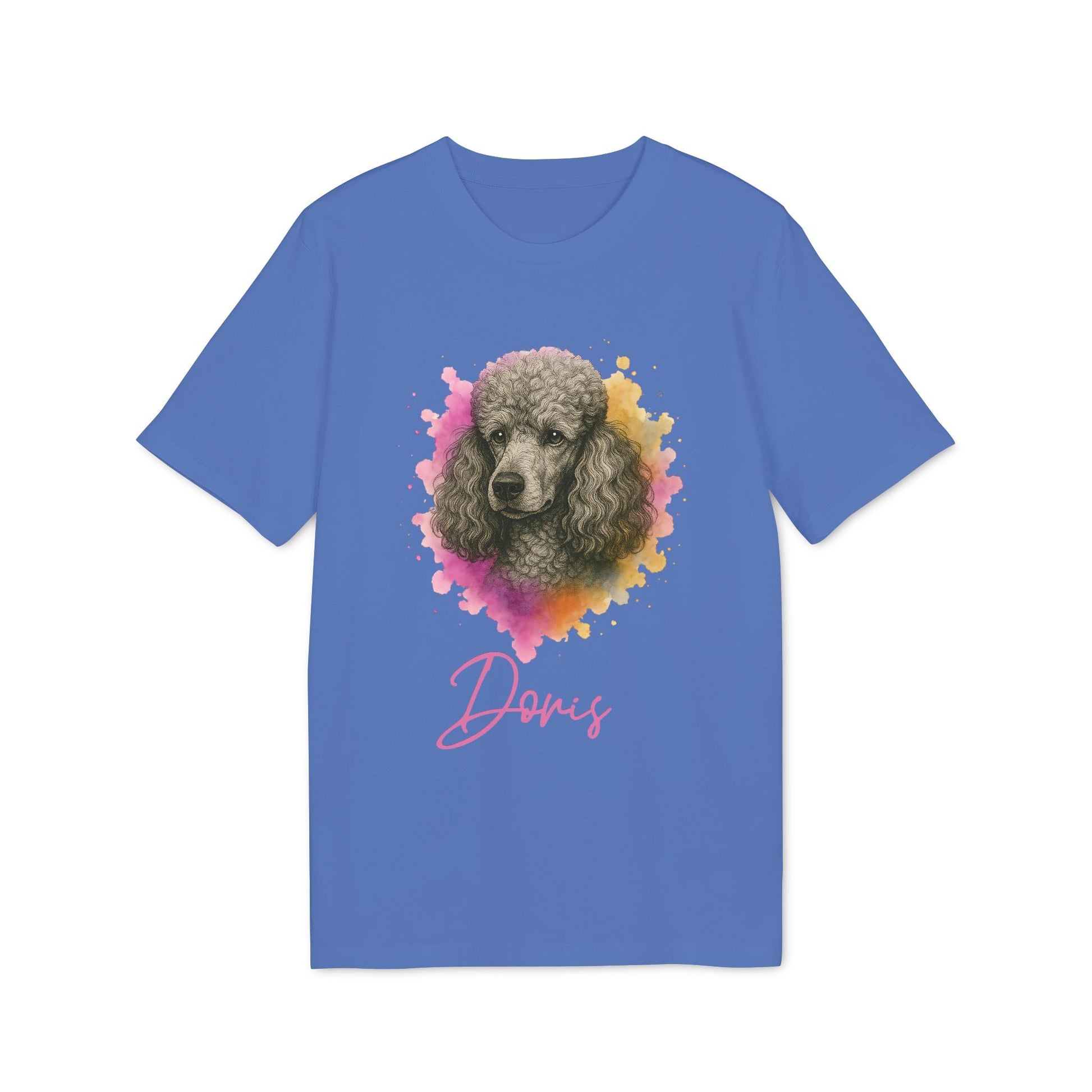 Poodle Dog Personalized Sustainable Unisex Tee azul con retrato de caniche y nombre Doris en tipografía rosa