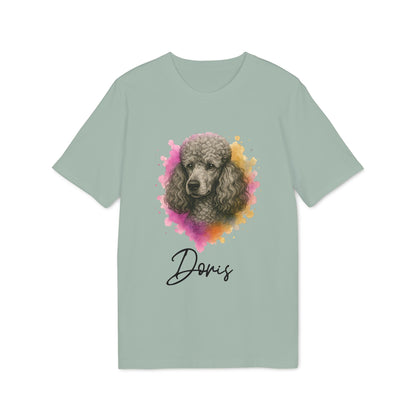Alt Tag: Poodle Dog Personalized Sustainable Unisex Tee, sage green t-shirt with poodle portrait watercolor splash and custom name "Doris"